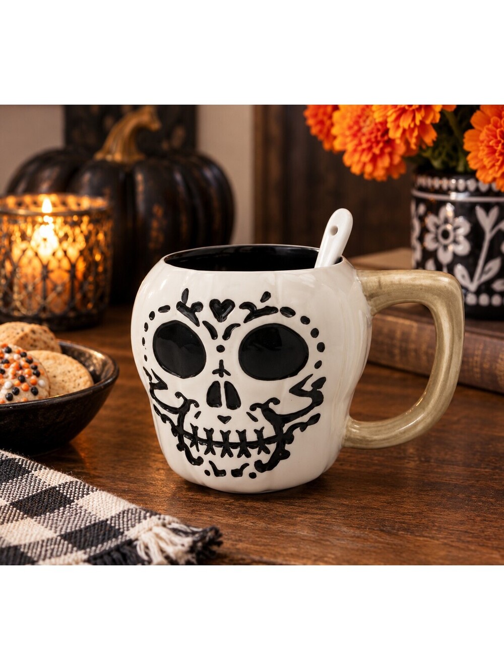Zak Designs Dia de los Muertos Skull Mug w/ Spoon 16 Oz Halloween